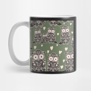 Folk Art Owls, Owlets and Hearts on Green Mug